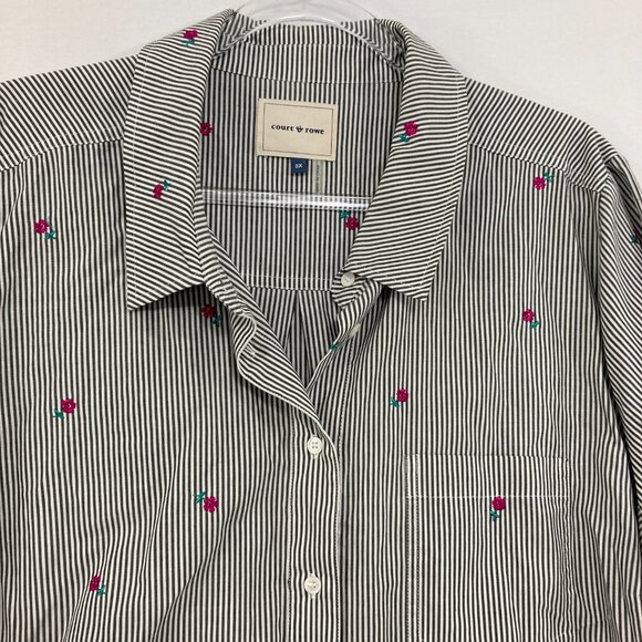 COURT & ROWE size 3X Striped Floral Embroidered Bow Tie Sleeve Button Down - Picture 5 of 11